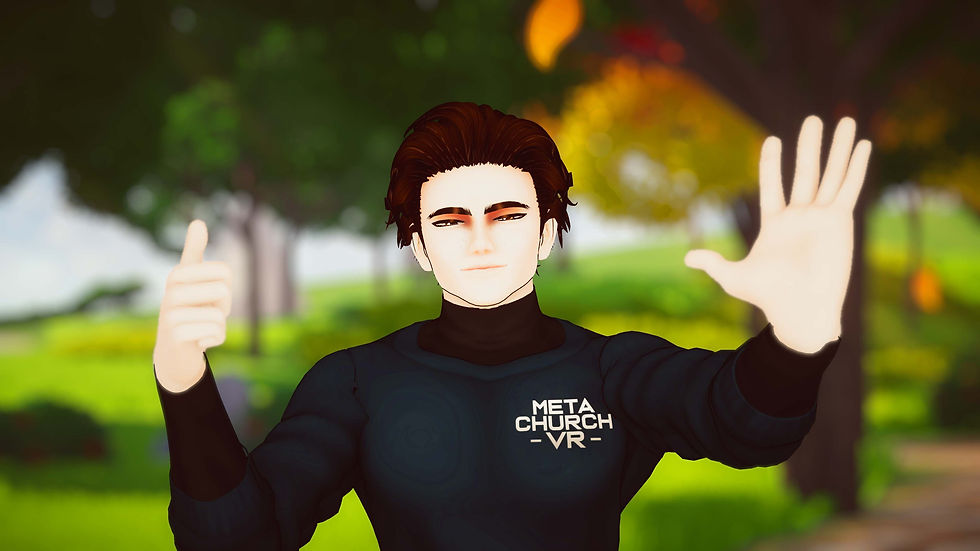 A virtual reality pastor from Meta Church waves warmly with a smile, embodying positivity and connection in a digital landscape.