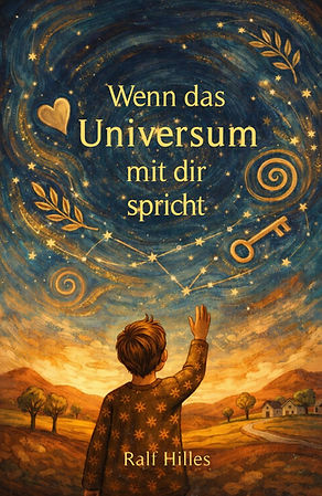 Buch Wenn das Universum mit dir spricht von Ralf Hilles, inspirierende Geschichte über Zeichen und innere Stimme, Junge blickt in einen Sternenhimmel voller Symbole