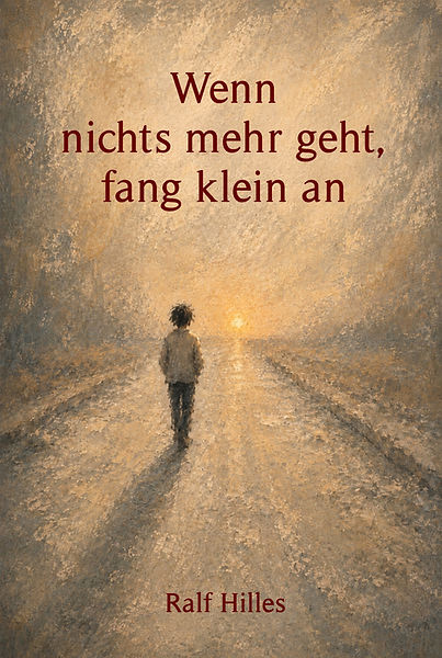 Buchcover "Wenn nichts mehr geht, fang klein an" von Ralf Hilles. Ein Mensch geht einen Weg entlang. Ein Buch über Mut, Hoffnung und neue Schritte in schwierigen Lebensphasen.