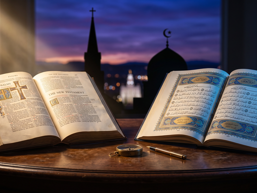 An open Bible and an open Quran resting on a wooden table, symbolizing the comparative analysis of the Christian and Islamic worldviews.