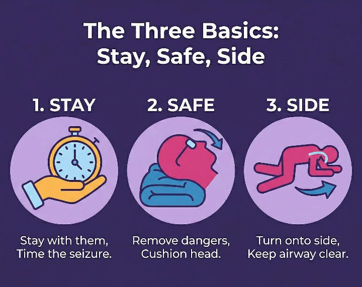 Seizure first aid graphic showing the three basics: stay with the person and time the seizure, keep them safe by removing dangers and cushioning the head, and turn them on their side to keep the airway clear.