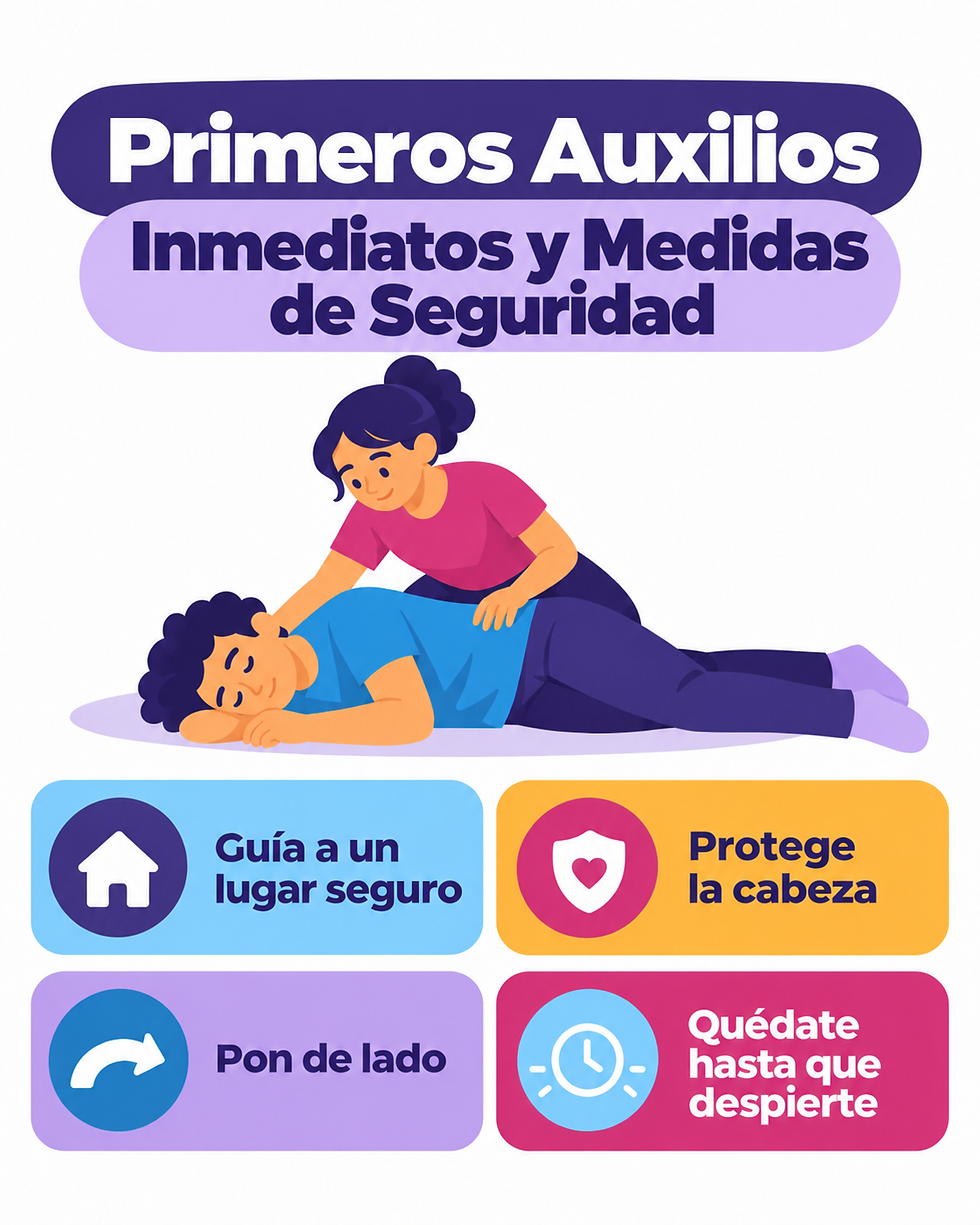Primeros auxilios para las convulsiones epilépticas: cómo proteger la cabeza, colocar a la persona de lado, alejarla de peligros y permanecer a su lado hasta que esté despierta y alerta.