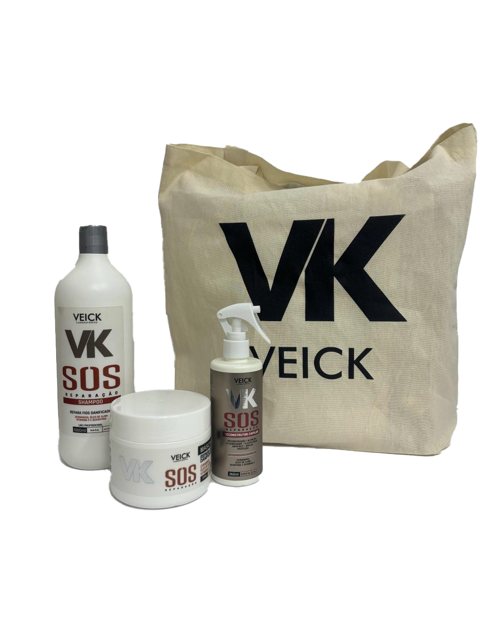 Kit SOS Shampoo 1L, máscara 500g, spray reconstrução 260ml e ganha bolsa ecobag