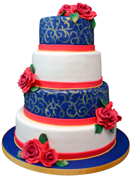 Four-tier wedding cake with royal blue, gold patterns, and red sugar paste roses.