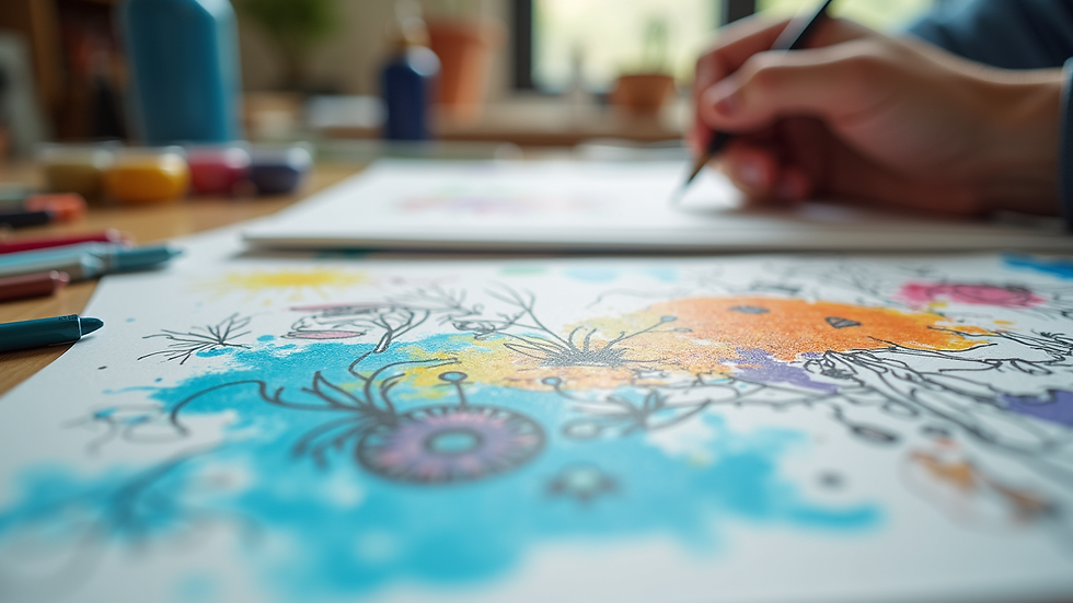 Eye-level view of a colorful illustration board filled with sketches and paints