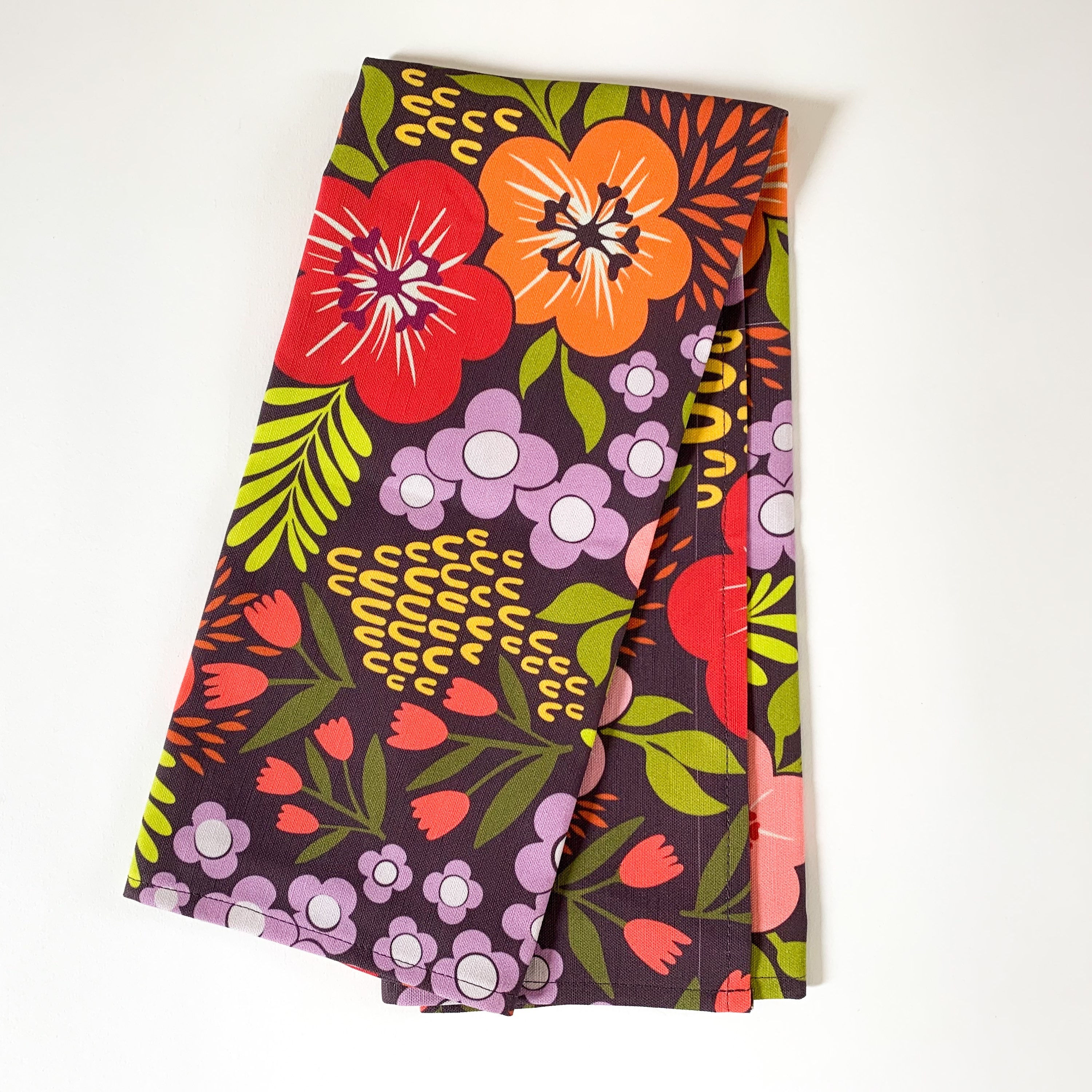 Linen Cotton Tea Towel - Dark Plum Floral Ditsy