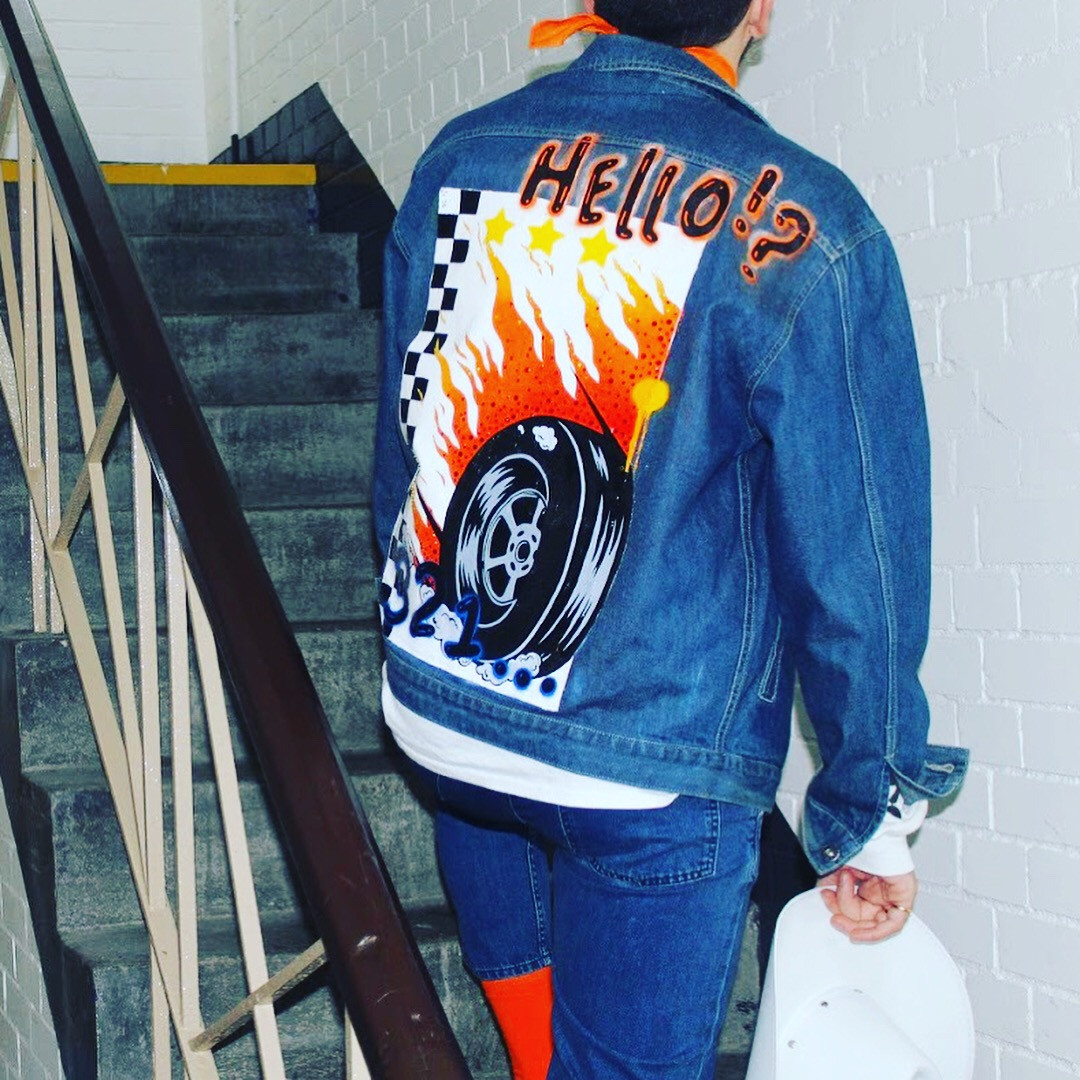 "Hello, 321...GO!" - Hand Painted Denim Jacket.