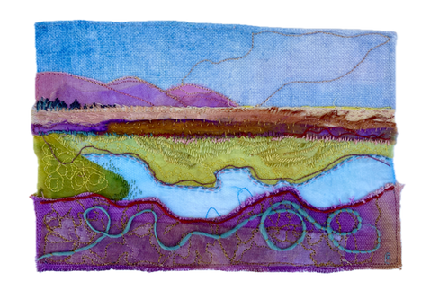 textile landscape of mountains and river