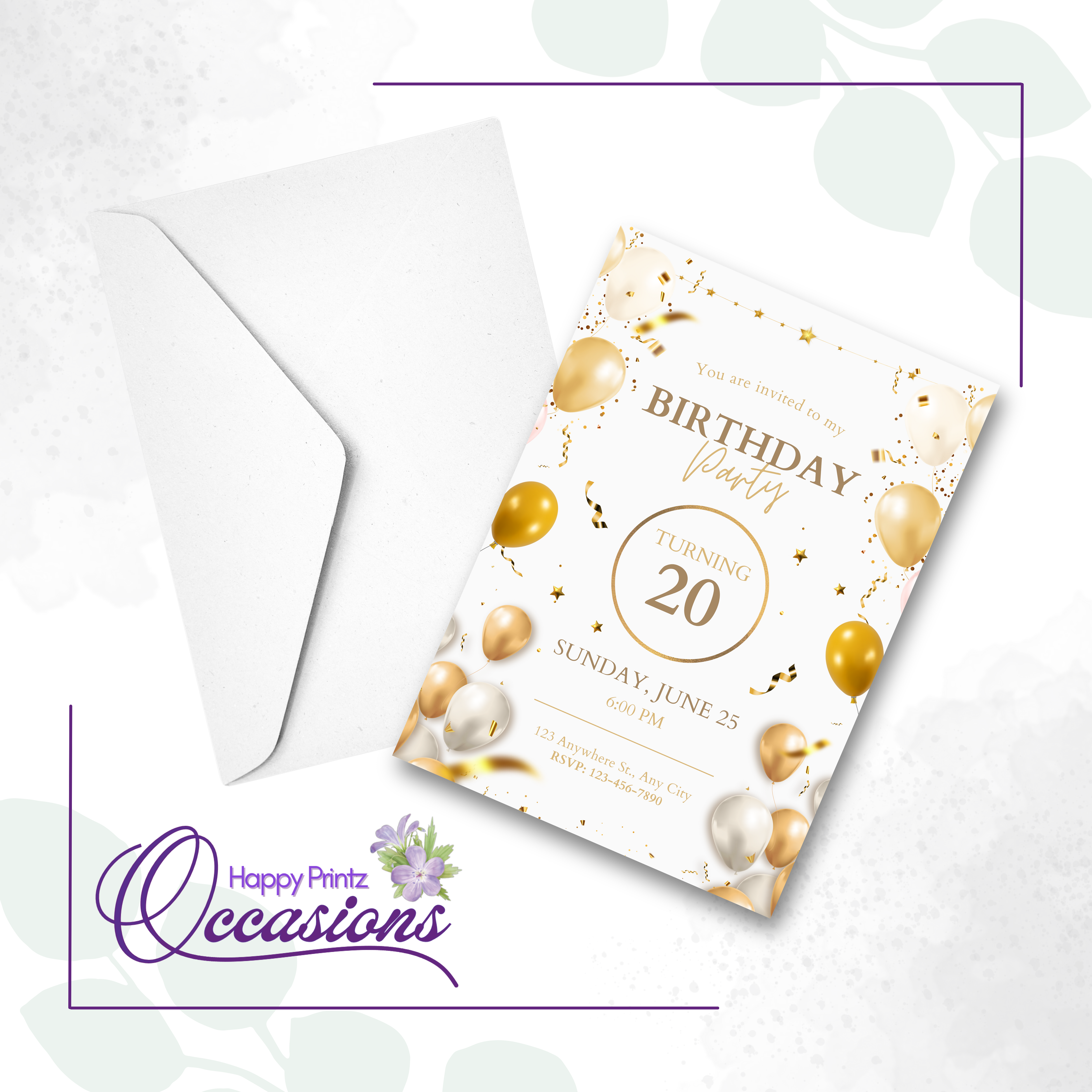Gold and White Balloons - Party Invitations