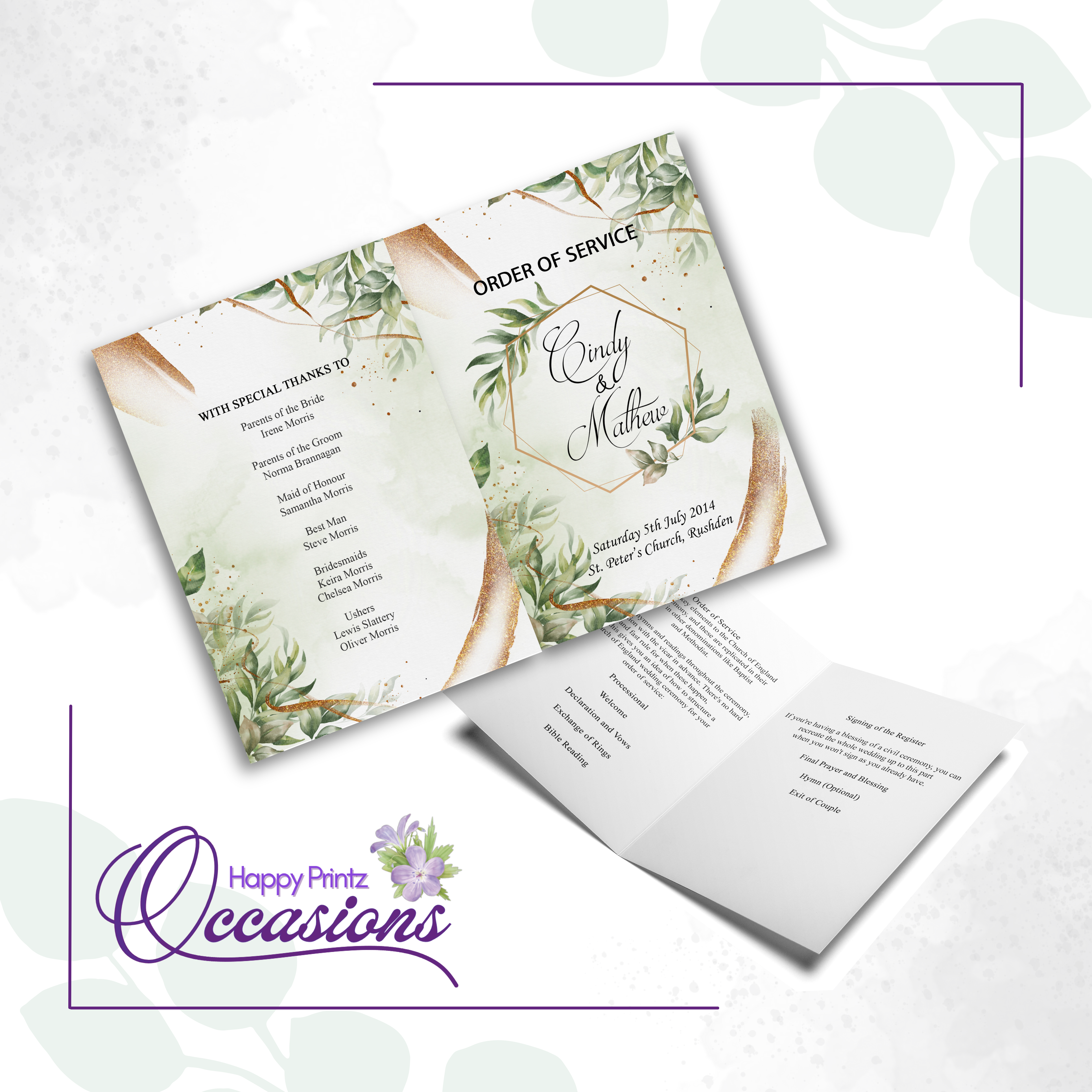 Green Leaves and Gold Floral - Order of Service