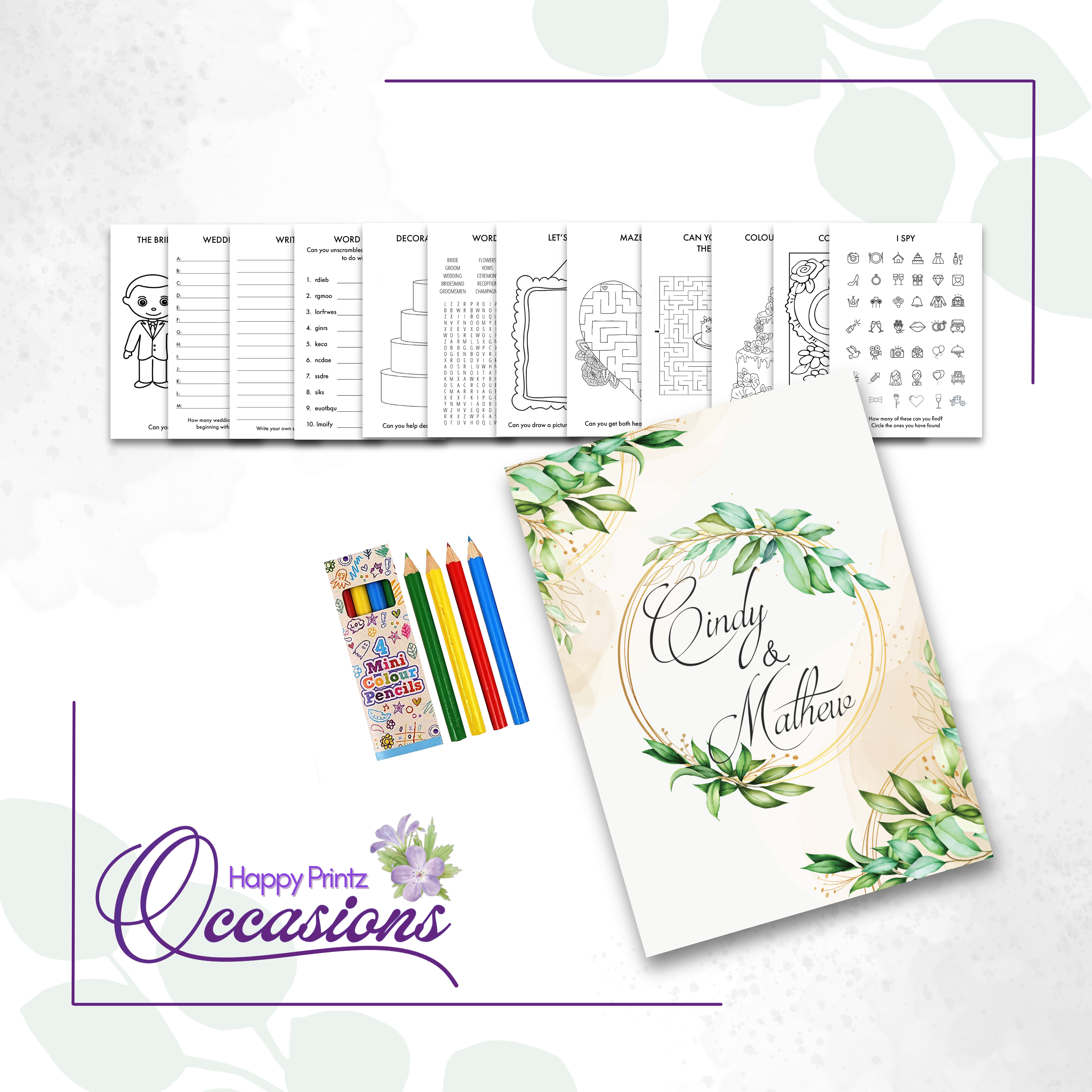 Green Leaves and Gold Floral - Childrens Activity Pack