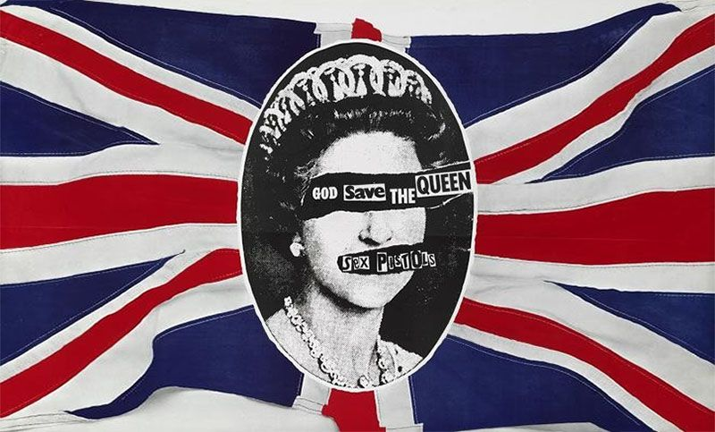 Sex Pistols, God Save the Queen (1977), de Jamie Reid, um artista anarquista inglês com ligações à Internacional Situacionista e aos Sex Pistols.