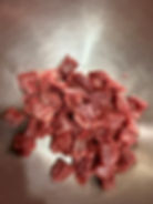Wagyu hand cut stew meat is highly marbled.