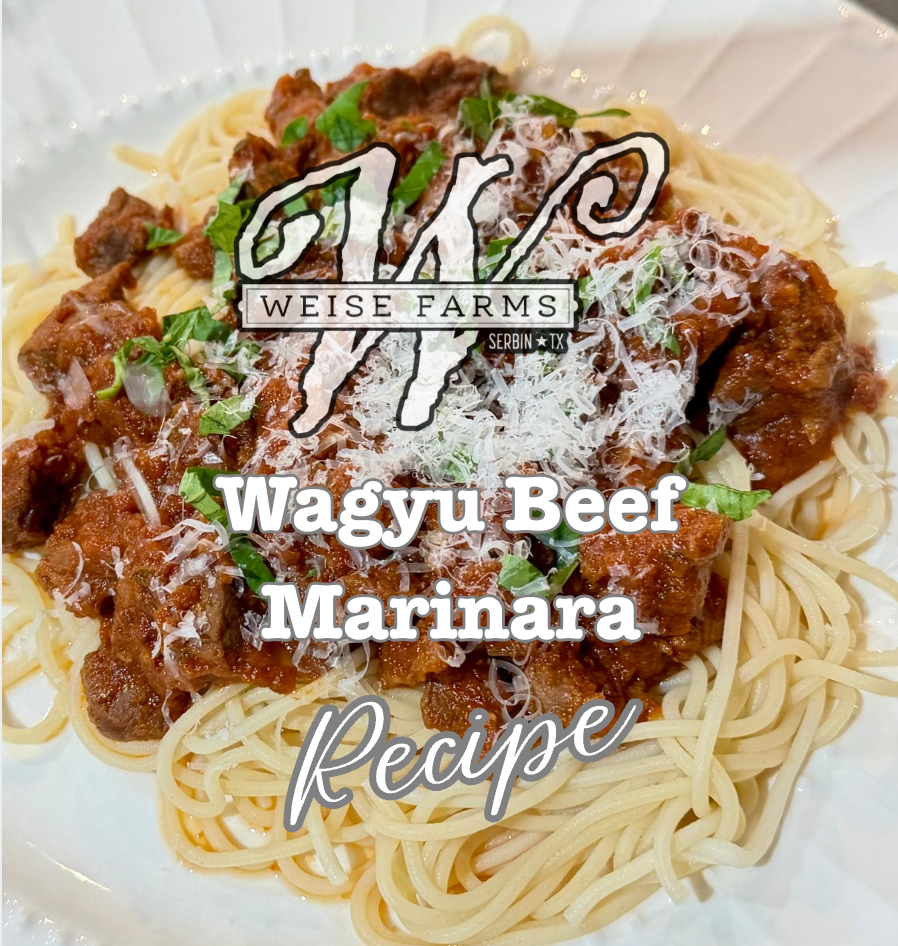 Wagyu Beef Marinara, layered over pasta and topped wth basil and grated parmesan.— Weise Farms