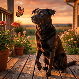 'The Heartbeat' dog memorial: Cinematic Black Lab and butterfly sunset photo by Sir Teddy Creations.