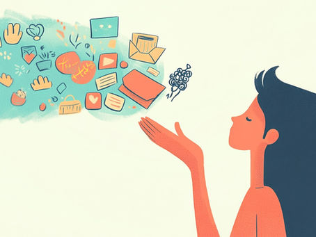 A stylized illustration of a woman with a calm expression gently releasing a stream of symbolic sentimental items, like letters and hearts, from her outstretched hand, representing the act of letting go of memories with grace.