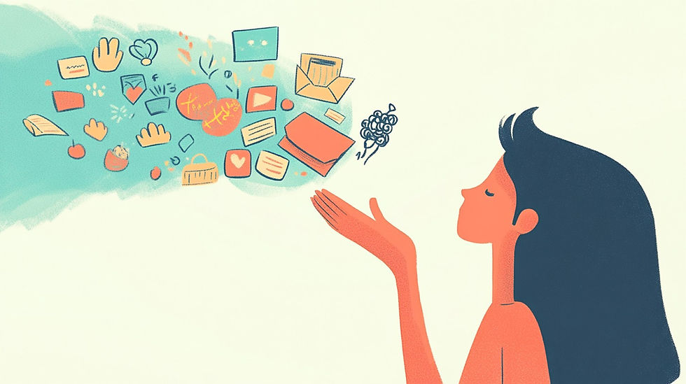 A stylized illustration of a woman with a calm expression gently releasing a stream of symbolic sentimental items, like letters and hearts, from her outstretched hand, representing the act of letting go of memories with grace.