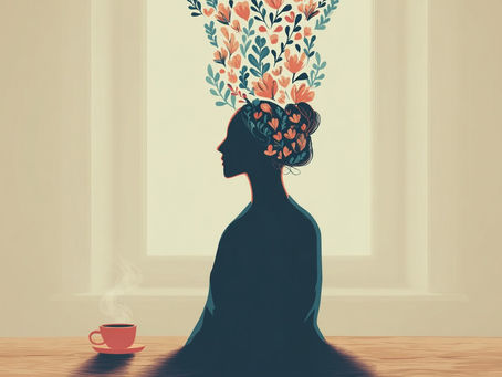Silhouette of a person sitting calmly by a window with a steaming cup; vibrant flowers and shapes erupt from their head, symbolizing creativity and mental clarity