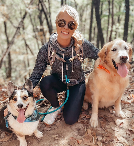 Owner of Asheville Flower Walls Sami Edwards with corgi and golden retriever on a hike in Asheville NC