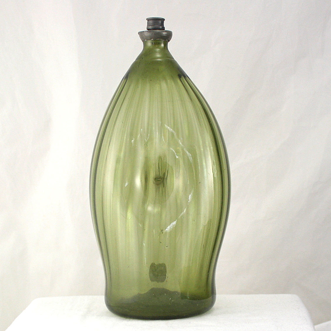 German Ribbed Pinch Flask Circa 1700 Olive Green