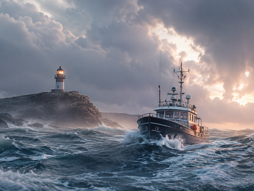 Fotorealistisches Bild eines Bootes auf bewegter See mit Leuchtturm auf einer felsigen Küste im Hintergrund. Zwischen dunkleren Wolken bricht warmes Licht hervor und vermittelt trotz unruhigem Meer Orientierung und Zuversicht.