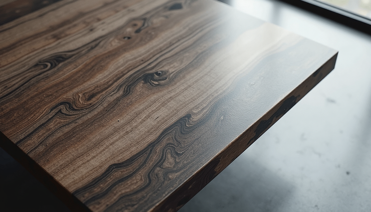 Vue en plongée d’une table en résine epoxy épaisse avec un rendu très brillant