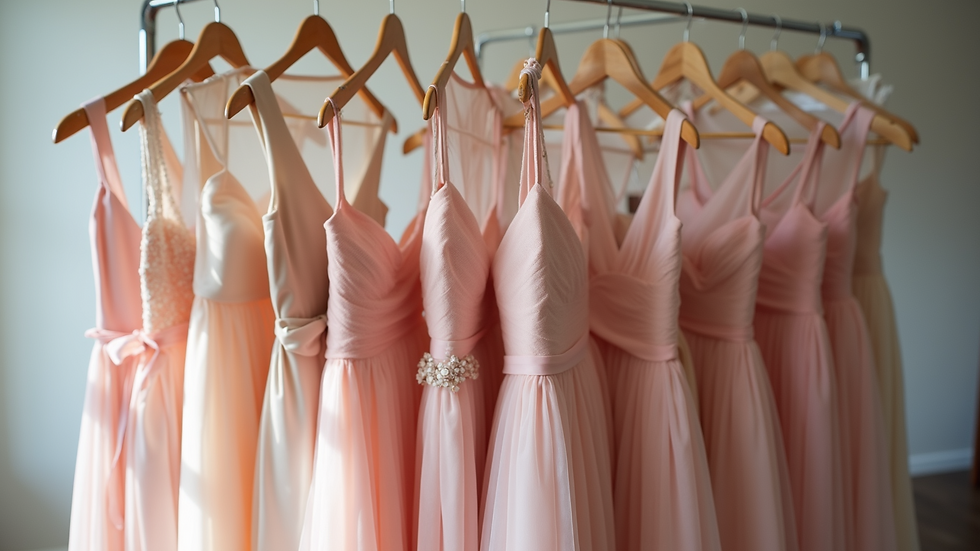 Eye-level view of bridesmaid dresses hanging to showcase various styles