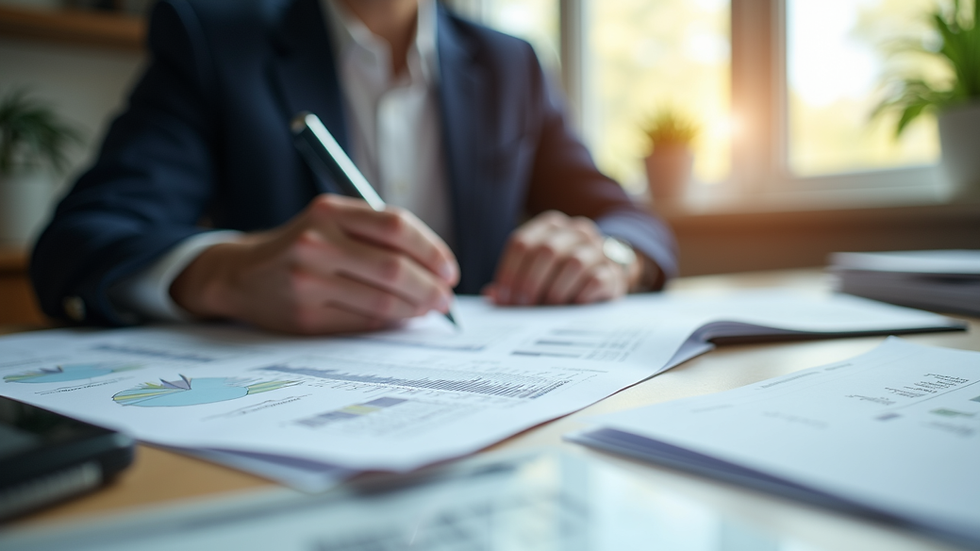 Eye-level view of a financial planner's desk with organized documents