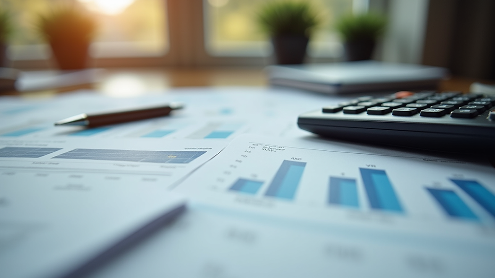 Eye-level view of a financial planner's desk with documents and a calculator