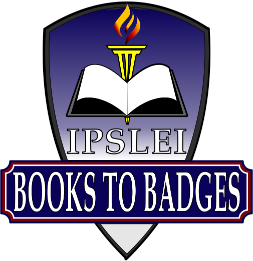 Logo with torch on top of an open book and text "IPSLEI Books to Badges"