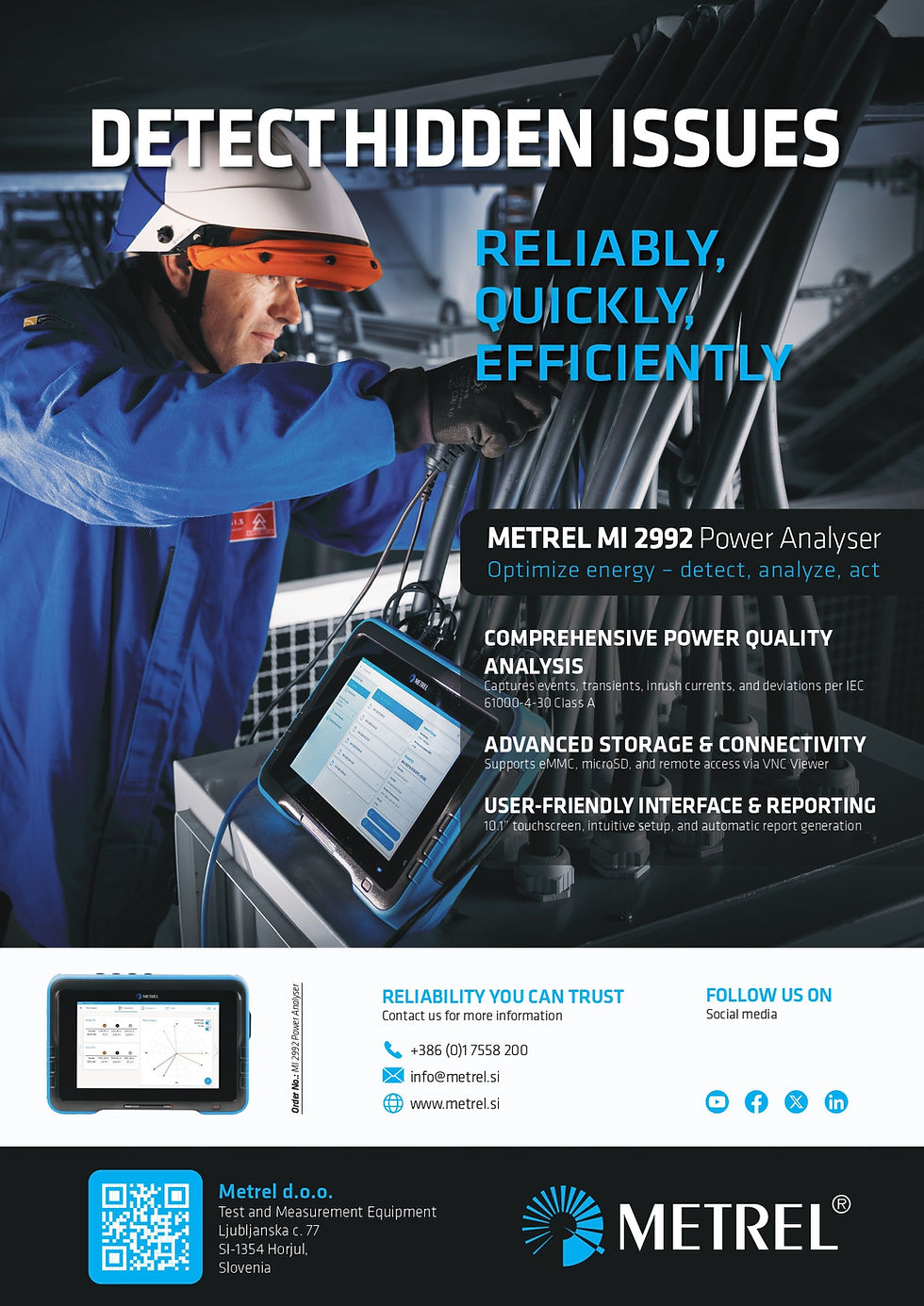 Thumbnail: The MI 2992 Power Analyser is a handheld, three-phase power quality analyser featuring a large 10.1” TFT colour touchscreen d