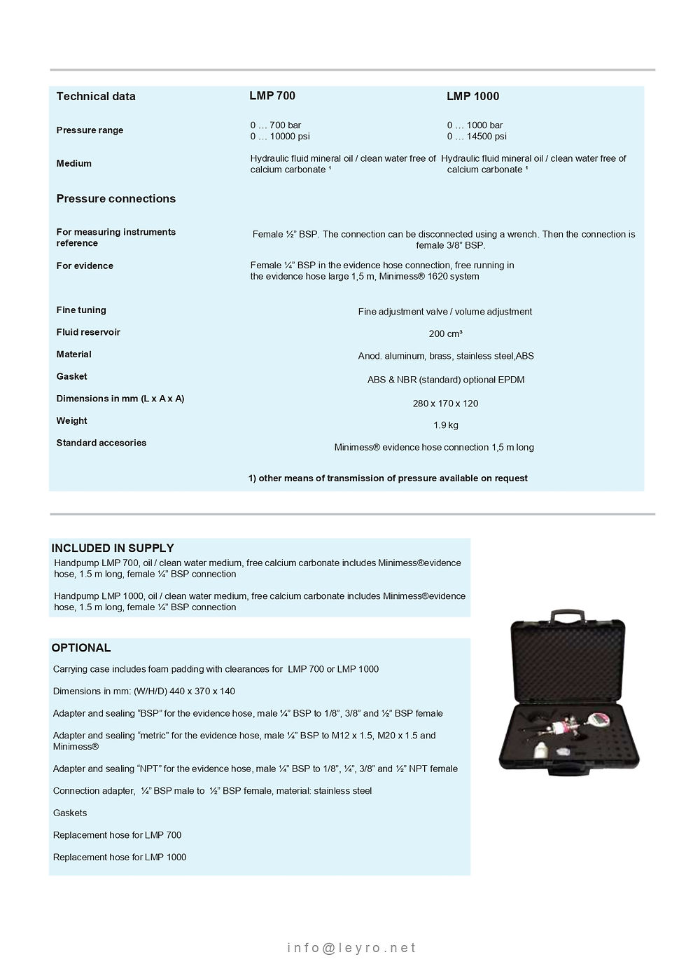 Thumbnail: Leyro Instruments LMP 700 Hydraulic Calibration Handpump Technical data