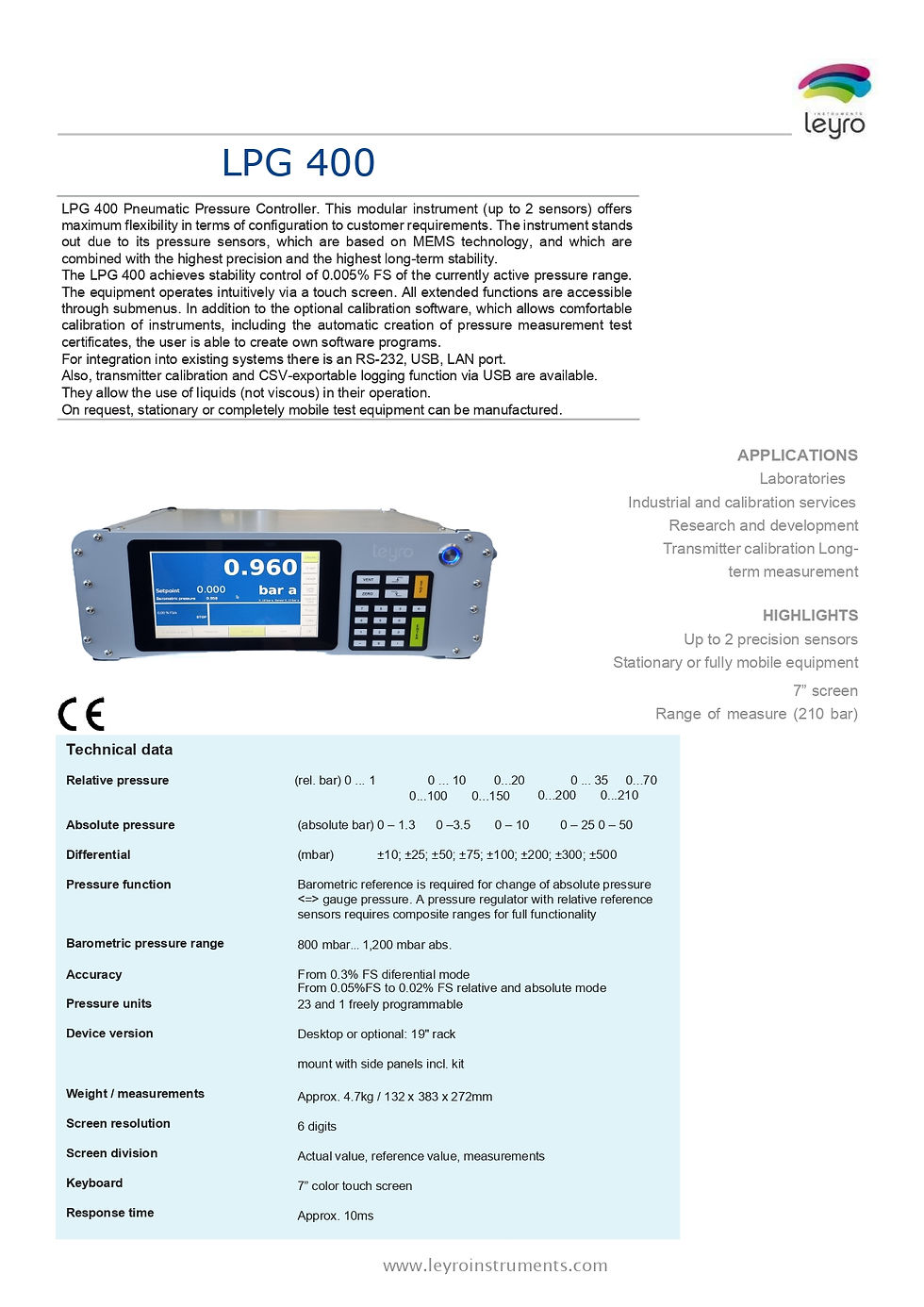 Thumbnail: Leyro Instruments LPG 400 Pneumatic Pressure Controller Specifications
