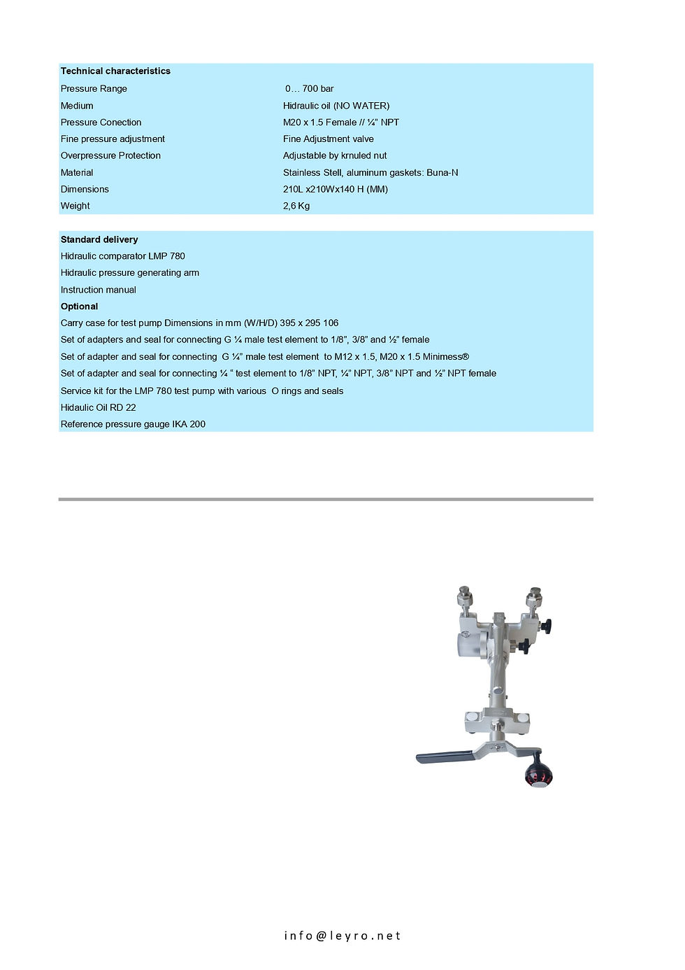 Thumbnail: Leyro Instruments LMP 780 Hydraulic Calibration Pump Technical details