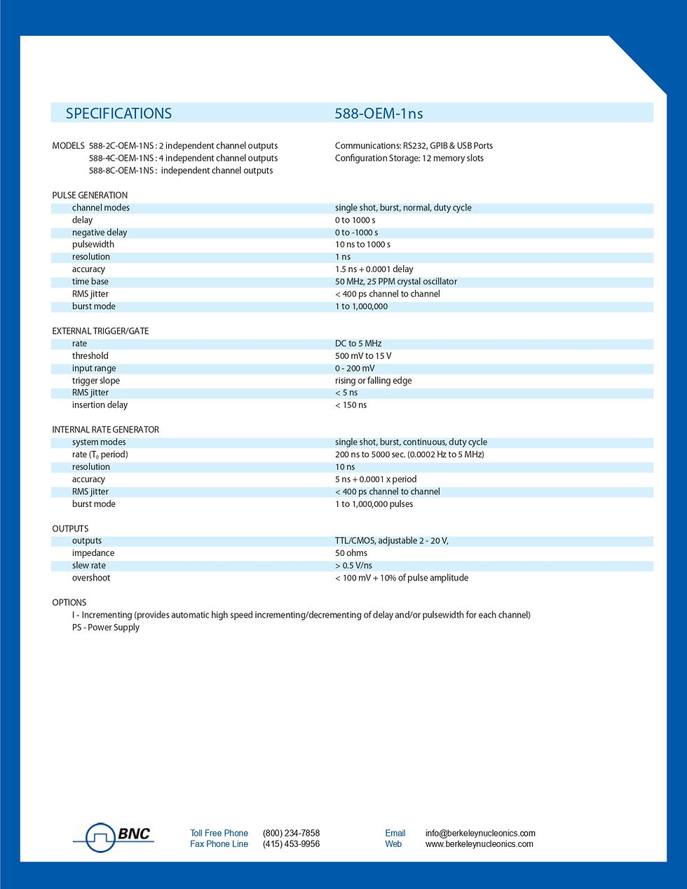 Thumbnail: Berkeley BNC Model 588-OEM OEM Series Board Level Pulse Generator Specifications