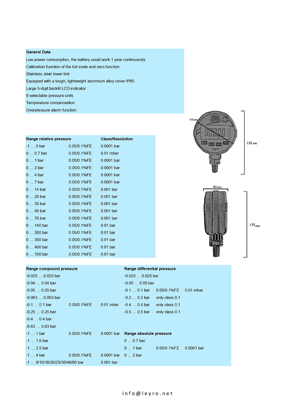 Thumbnail: Leyro Instruments IKA 200 Precision Digital Pressure Gauge Technical data