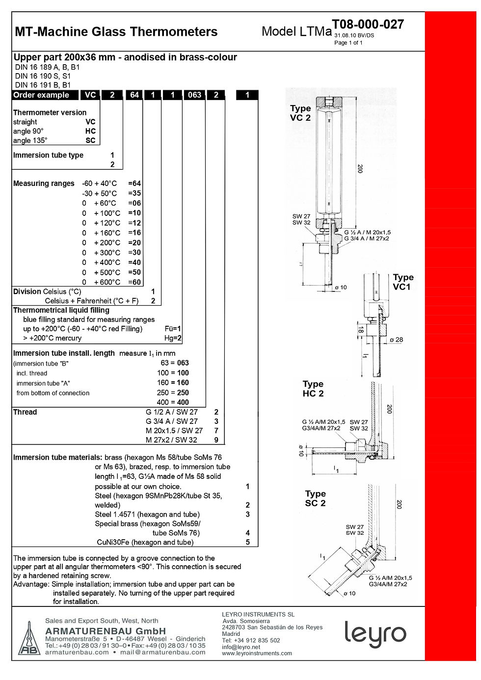Thumbnail: Leyro Instruments MT-Machine Glass Thermometers Specifications