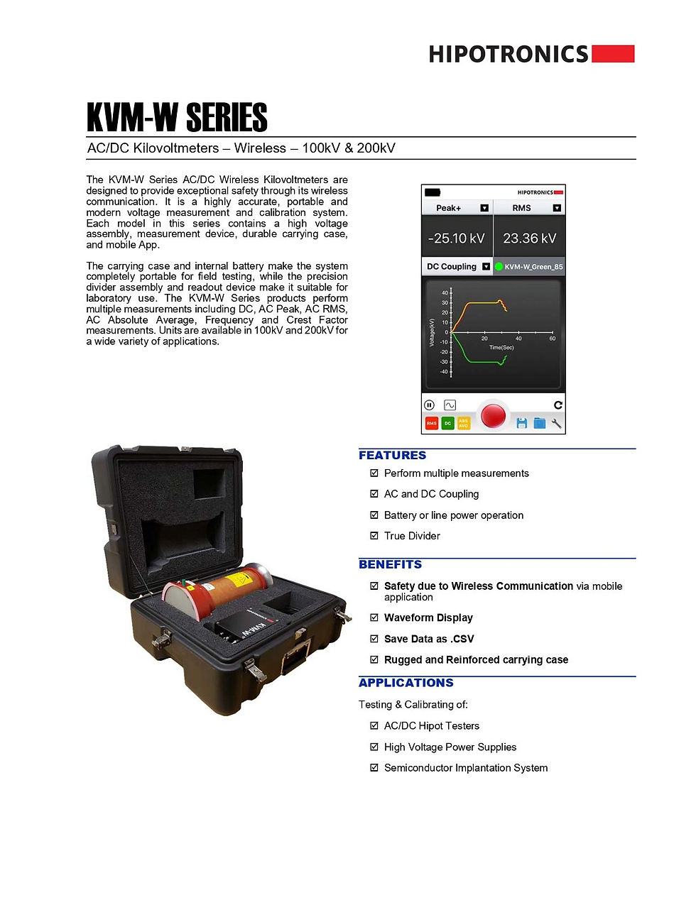 Hipotronics KVM-W Wireless Kilovoltmeter Description
