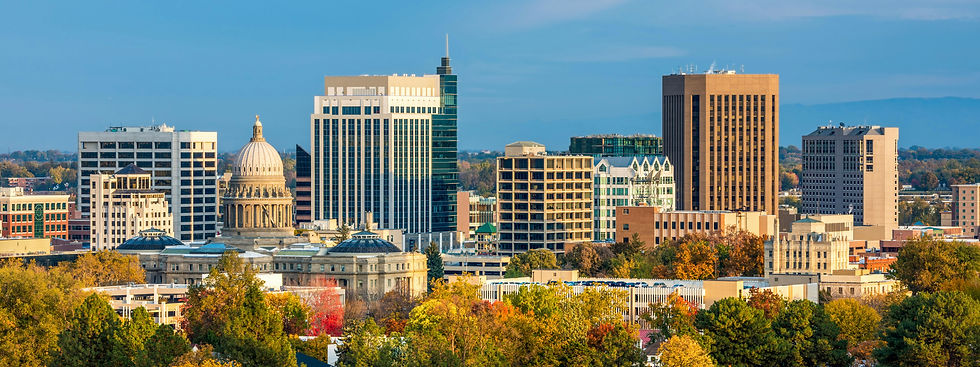 Boise Idaho city skyline with diverse skyscrapers and a domed building in autumn. Trees in the foreground display fall colors under a clear blue sky.