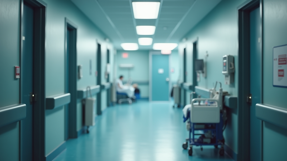Eye-level view of hospital corridor with medical equipment