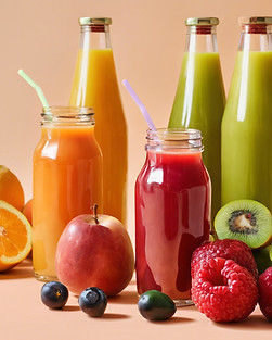 Fruit juices in round bottles with fruits on the side