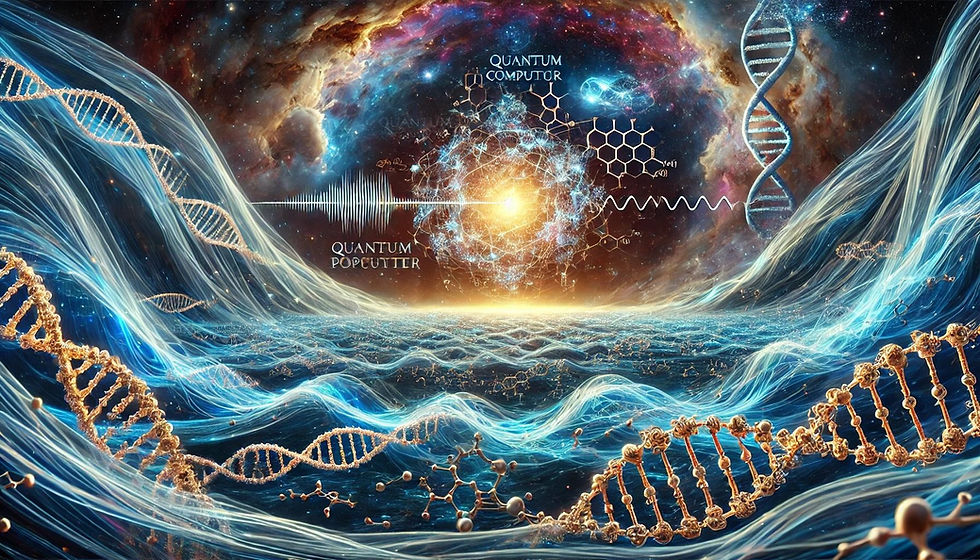 A visionary depiction of the universe through the lens of AI, blending cosmic elements with strands of DNA and quantum structures, illustrating the fusion of technology and the cosmos.