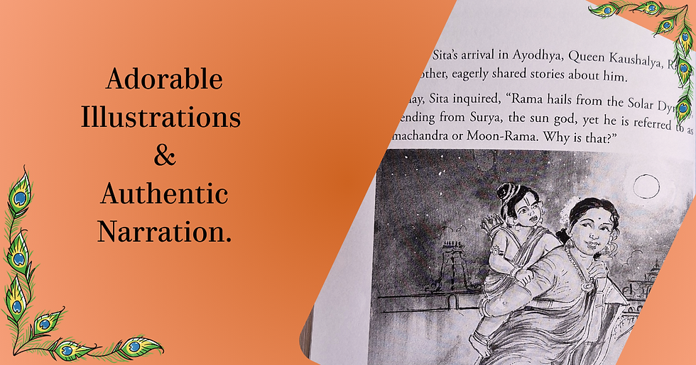 “Inside pages of children’s puranic storybook with easy text and rich illustrations of Rama and Krishna”