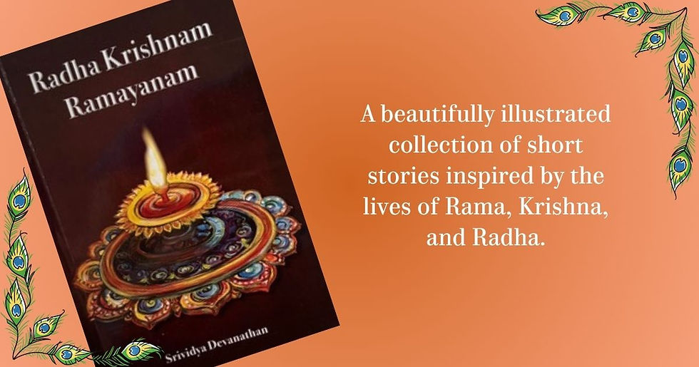 Illustrated cover of puranic story book for kids showing Radha narrating Rama’s story to child Krishna