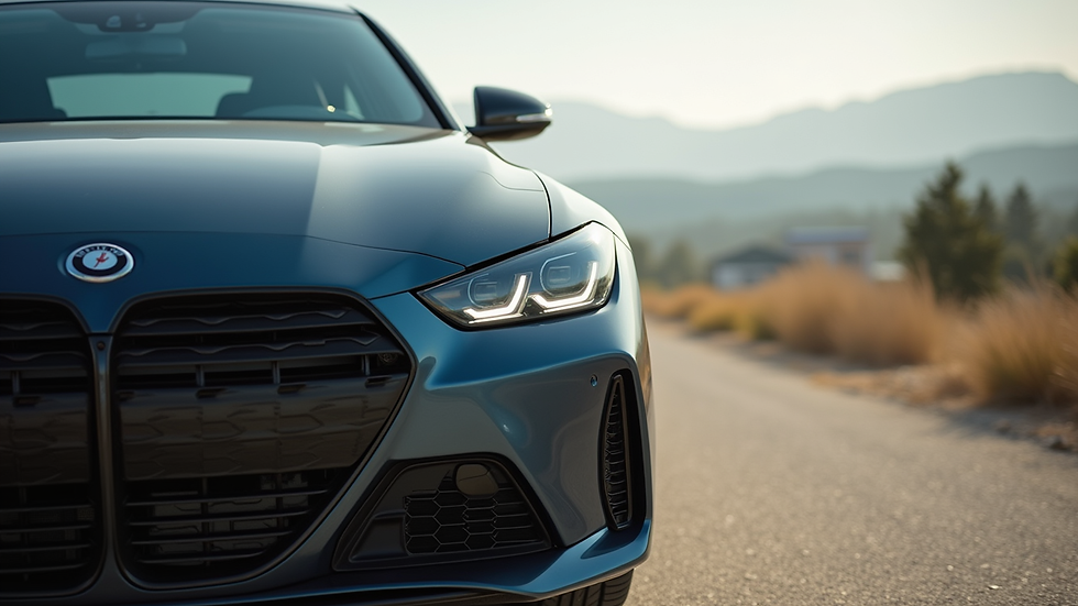 Close-up view of a modern car parked in a scenic location