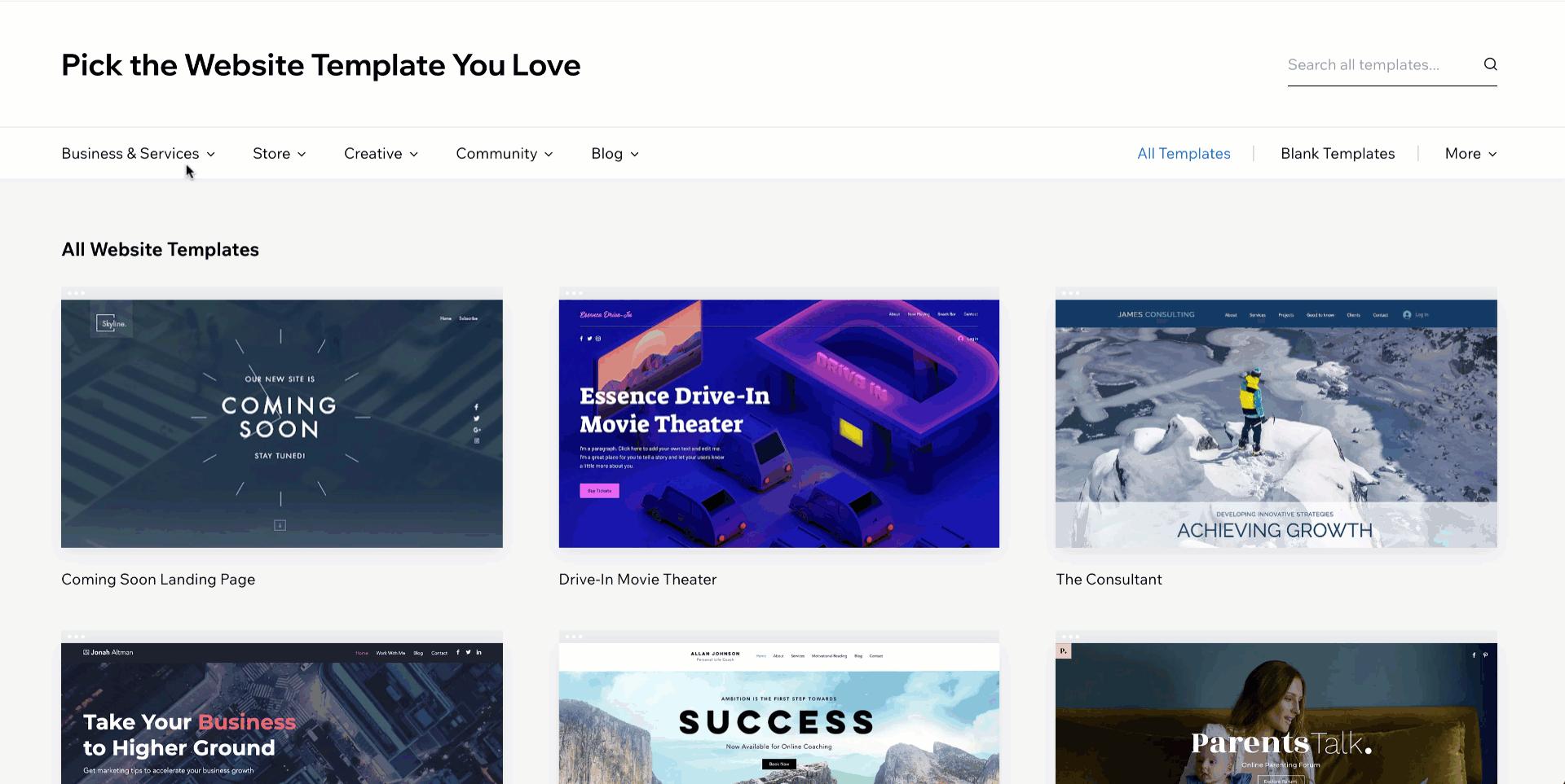 Wix template chooser
