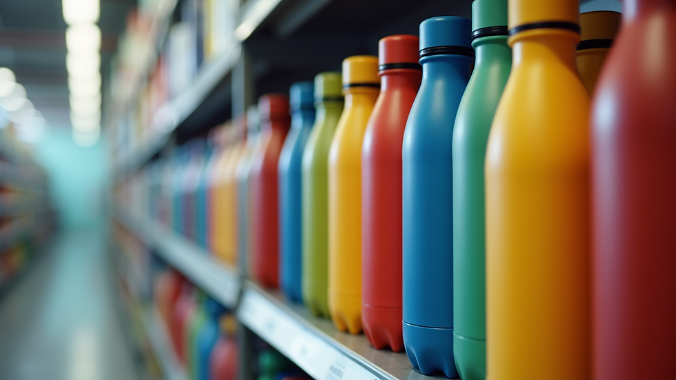 Eye-level view of colorful durable water bottles lined up on a shelf