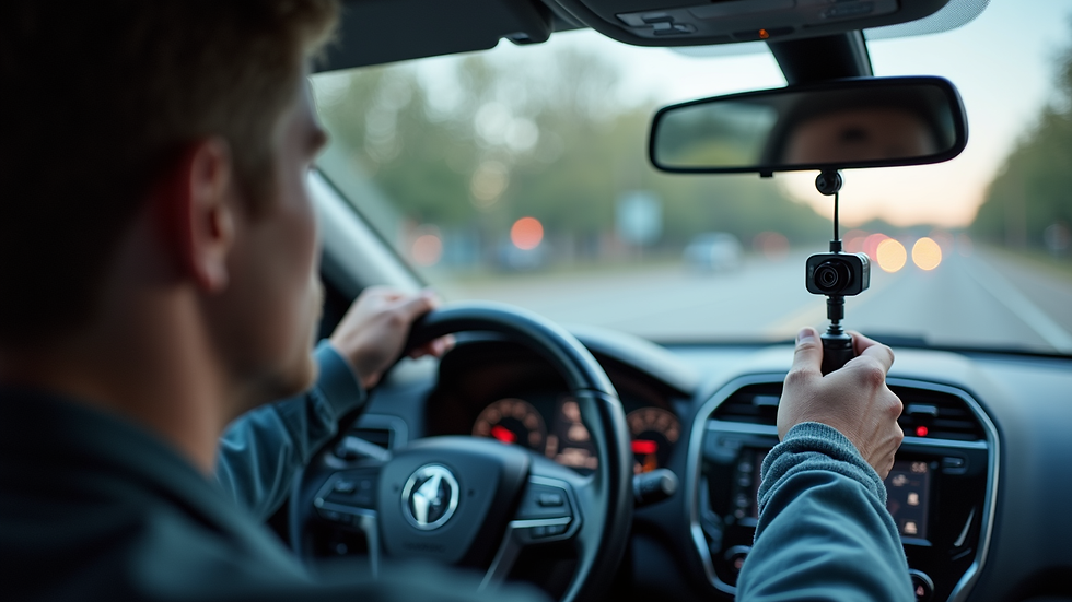 Close-up view of a technician installing a dash cam inside a vehicle
