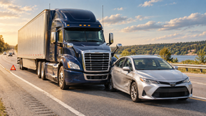 Navy transport truck beside a silver car with side damage on a highway in warm evening light.