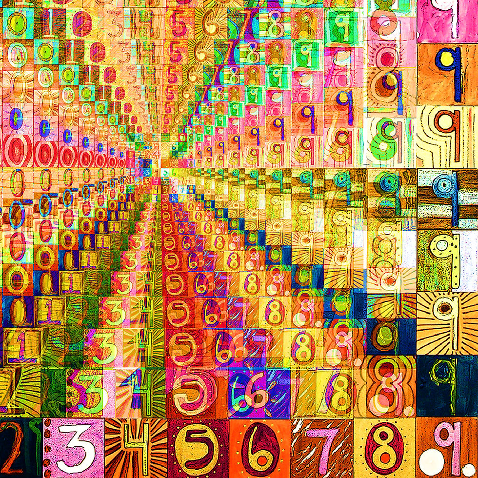 Detail 1 of "1000 Numbers" art print of original mixed media art by the Potts Family; rainbow, counting numbers art